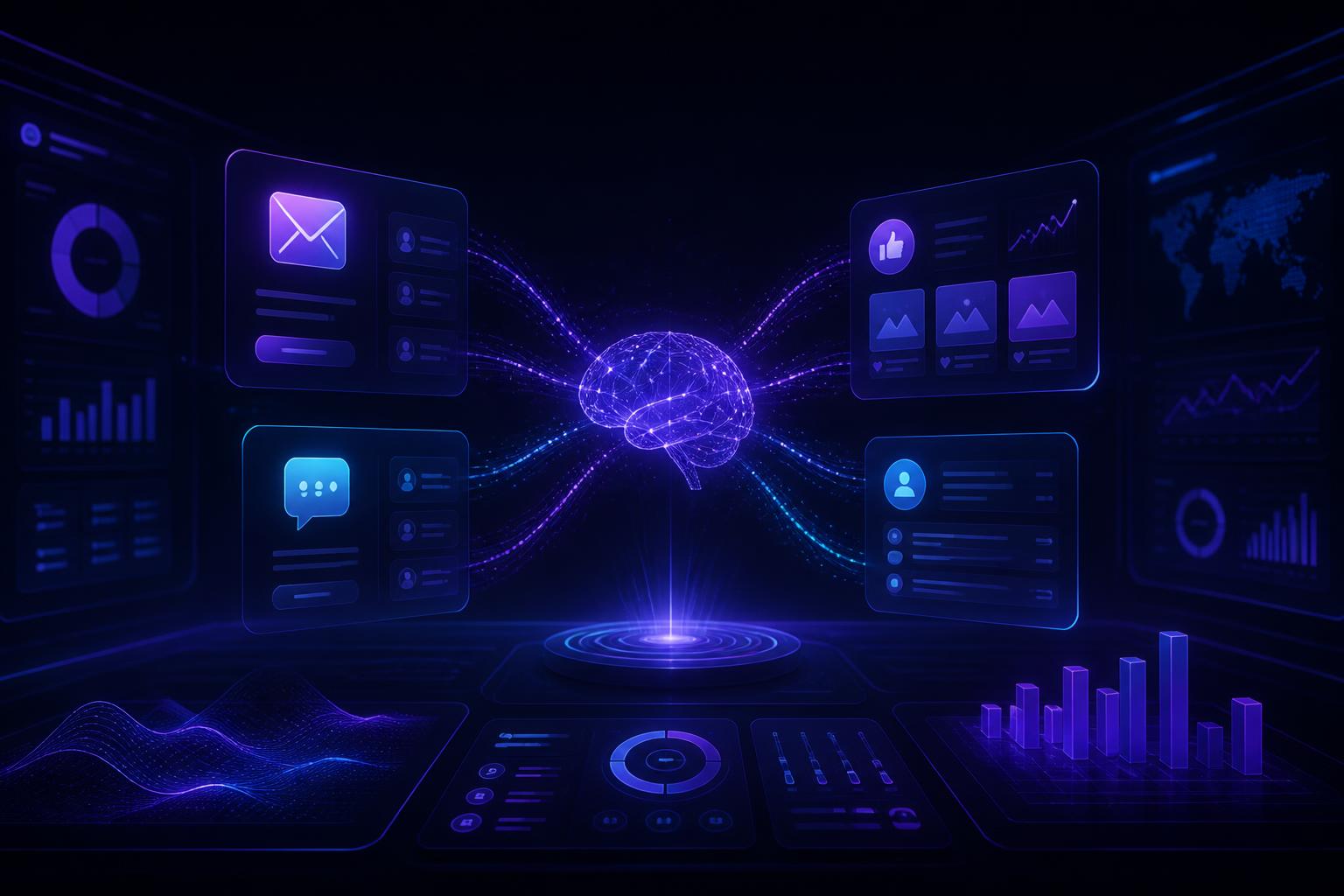 ForgeMetric AI marketing command center showing unified email, SMS, social, SEO, ads, and visitor identification channels